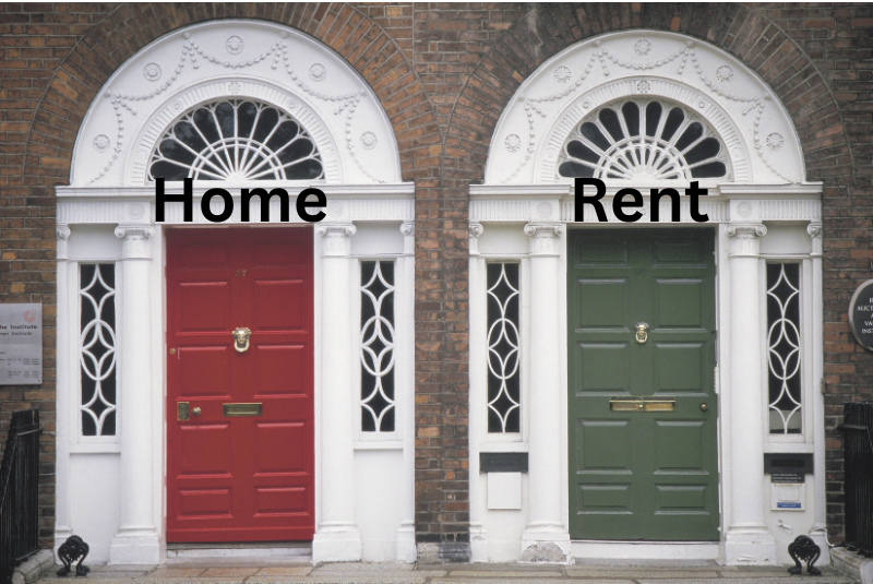 Two doors, one red door, one green door. The red door has a sign that says home. The green door has a sign that says rent. This represents buying a multi-family home and renting out one of the units