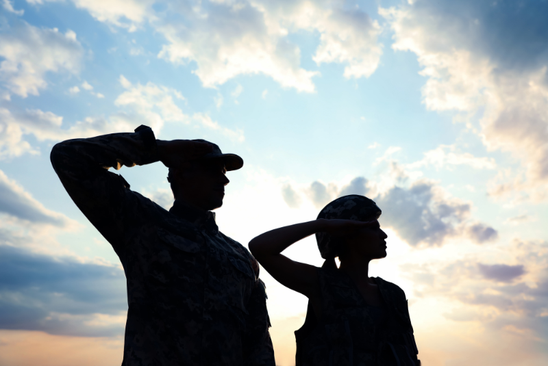 silhouettes of a male and female soldier saluting - representing service eligibility requirements for a VA mortgage loan