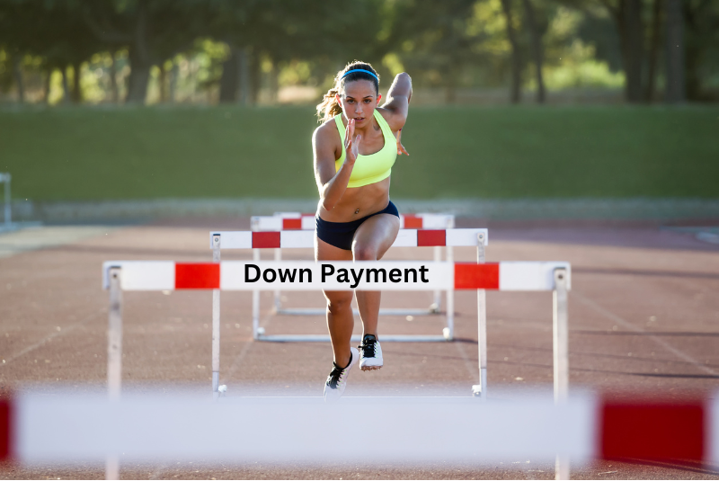 Woman jumping hurdle that reads down payment representing zero down purchase program